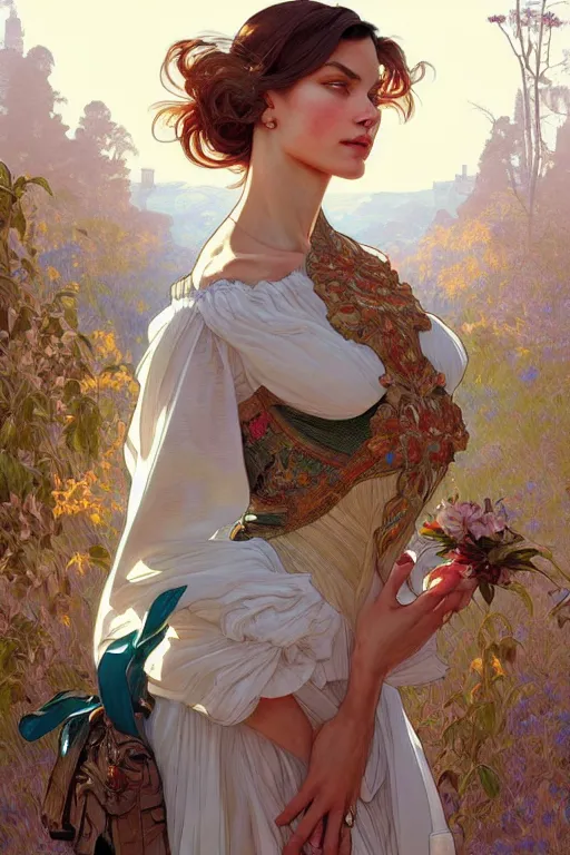 Prompt: clear portrait of a vogue photoshoot, cottagecore!!, background hyper detailed, character concept, full body, dynamic pose, intricate, elegant, highly detailed, digital painting, artstation, concept art, smooth, sharp focus, illustration, art by artgerm and greg rutkowski and alphonse mucha