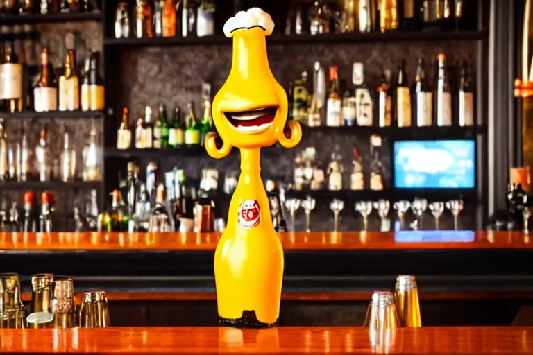 Image similar to a anthropomorphic bottle of beer stands in front of a bar waiting to be served by the bartender, pixar