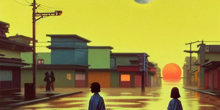 Image similar to an immaculate isometric cinematic keyframe matte painting of the silhouette of a young japanese girl standing in wide wet street 1 9 7 0 s vaporwave rust belt city at dusk with an oversized moon, just after the rain has cleared. by eric lafforgue, glennray tutor and edward hopper, greg rutkowski. trending on artstation.