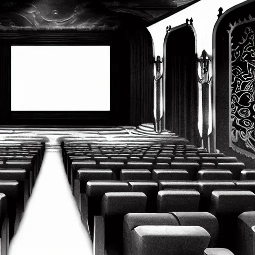 Prompt: beautiful image of the interior of art deco palace movie theater full with viewers watching an old black and white romance movie, pillars, dust, dark, long shadows, atmospheric, art deco architecture, high detail render, Highly detailed, ultra-realistic, maximalist, dynamic cinematic lighting, wide long view, long shot, unreal engine render, 16k,