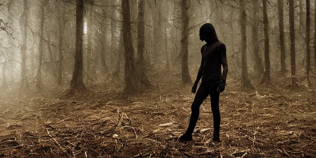 Prompt: mixture between a human and crow, photograph captured in a dark forest