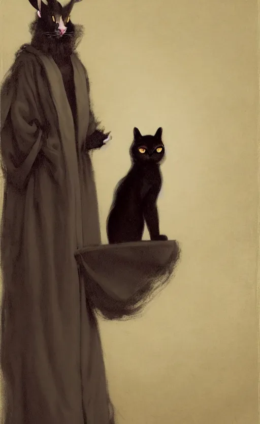 Image similar to a bipedal cat that has goat horns, anthropomorphic cat that is wearing robes, matte oil painting, by james abbott mcneill whistler, d & d, character reveal, fantasy, concept art, cosmic, magical, fog, noble, full body portrait, intricate, ornate, extremely detailed, cult, ritual, sharp focus, 4 k, 8 k