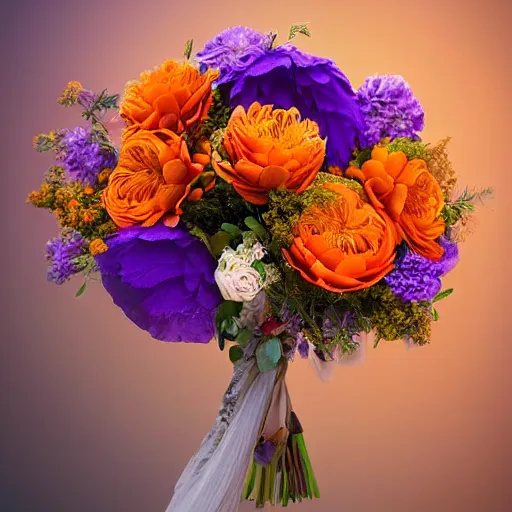 Image similar to a beautiful stunning fantasy matte digital painting of a bouquet made of orange roses and orange chrysanthemums and purple poppies and green eucalyptus and green flora, a photograph painted in the style of Bridal Magazine, professional floral arrangement, professional lighting, trending on artstation hq, contest winner