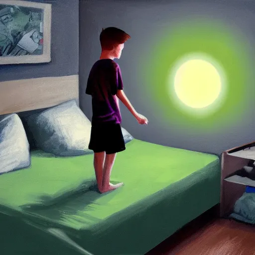 Image similar to painting of small green glowing orb is floating in front of a fourteen year old boy with auburn hair, wearing pajama, standing in a dark bedroom room, profile view, a look of surprise on his face, concept art, un made bed, piles of clothes on the floor, high detail dramatic lighting, samma van klaarbergen,