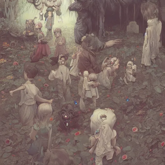 Image similar to a painting of the children of the grave by james jean, dark fantasy art, high detail, trending on artstation