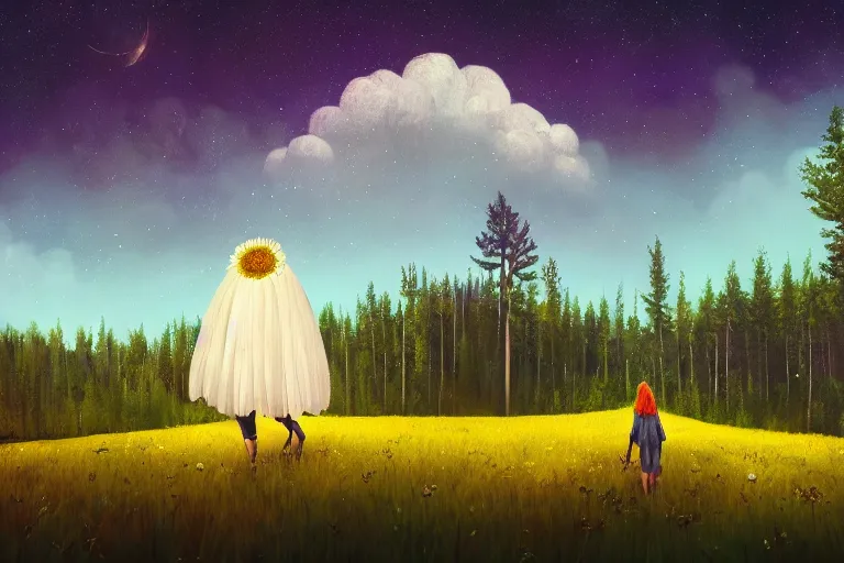 Image similar to giant daisy flower as a head, girl walking forest, big trees, hills, surreal photography, dark night, star trails, moon light, impressionist painting, clouds, digital painting, artstation, simon stalenhag