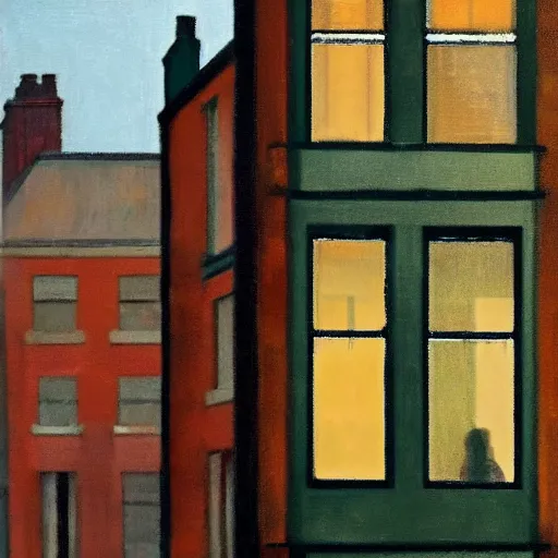 Prompt: Old Glasgow tenements in the style of Edward Hopper, rain, golden hour, beautiful light