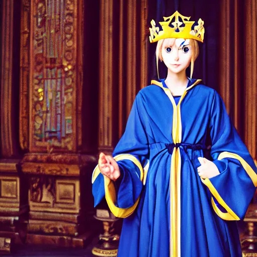 Prompt: a portrait of saber, an anime character of european girl with a crown and blue and gold robes. her pose is strong and confident as she looks towards the camera. the background is of a grand hall with several windows and tapestries. 8 k photography, high resolution, cinestill 8 0 0 t