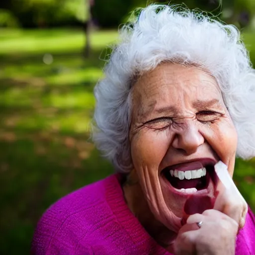 Prompt: an old woman laughing in a park. she has a thin translucent oxygen tubing under her nose