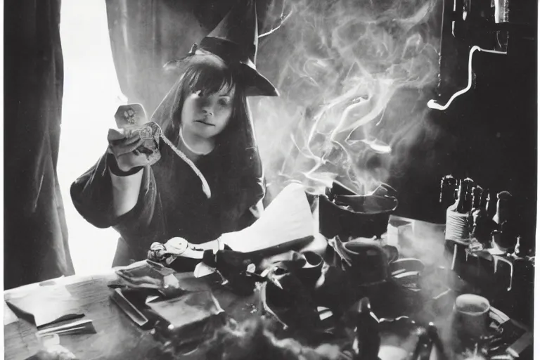 Prompt: polaroid 1 9 8 0's photo, close up portrait, dramatic lighting, concentration, calm confident teen witch and her cat reading tarot card, incense smoke fills the air, a witch hat and cape, ingredients on the table, apothecary shelves in the background, still from harry potter