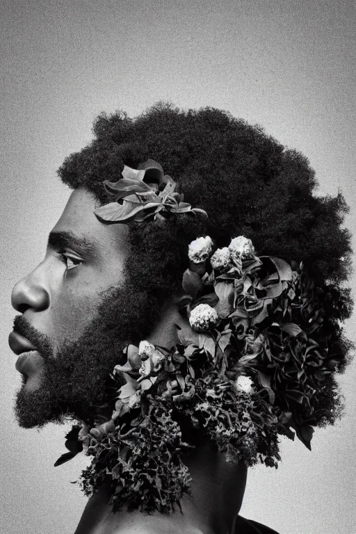 Prompt: a black man's face in profile, no beard, long curly hair, made of flowers and fruit, in the style of the Dutch masters and Gregory crewdson, dark and moody