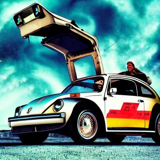 Image similar to back to the future with a volkswagen beetle, movie poster, epic lighting, eighties, sci - fi, artistic