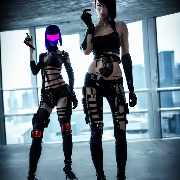 Prompt: full length portrait photograph of a real-life beautiful woman cyberpunk ninja. Extremely detailed. 8k