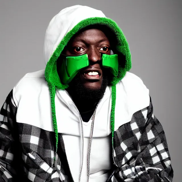 Image similar to a close-up black-and-white studio portrait of MF Doom wearing his mask and a plaid green and white ushanka hate. Madvillain album cover