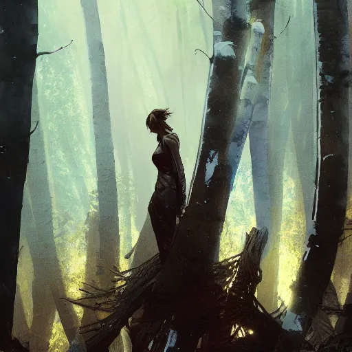 Image similar to a tall figure standing in the aspen forest, dramatic lighting, illustration by Greg rutkowski, yoji shinkawa, 4k, digital art, concept art, trending on artstation