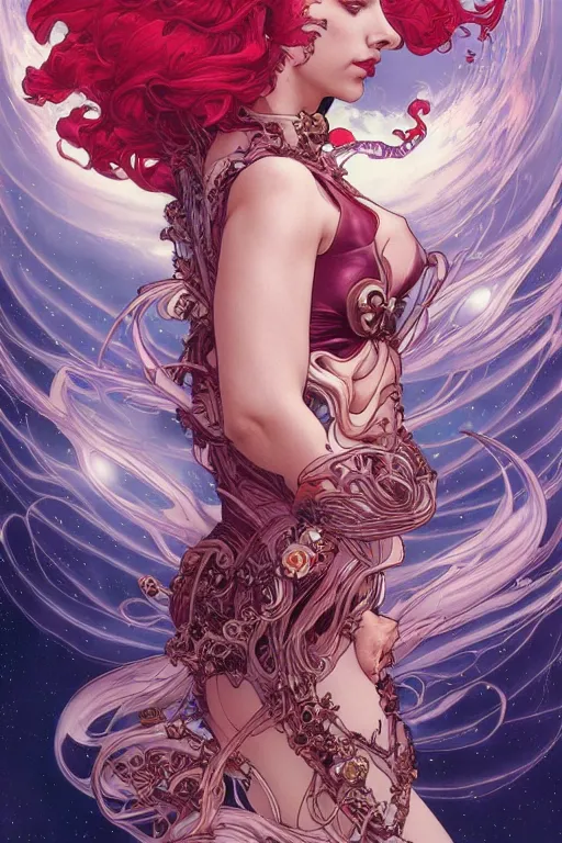 Image similar to celestial scarlett johansson, by artgerm and yoshitaka amano and moebius and alphonse mucha, hyperdetailed, dc comics, ornate, nebula, explosions in the sky, trending on artstation