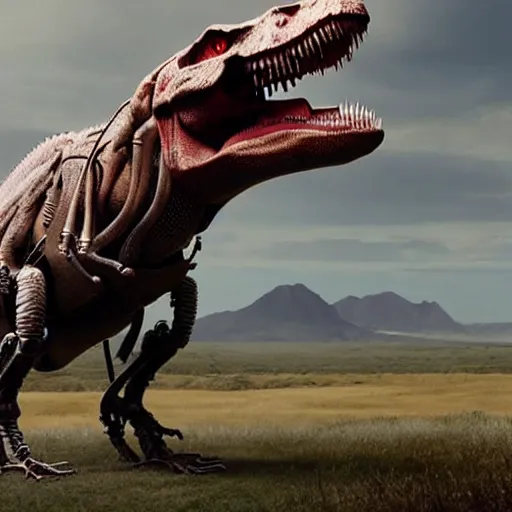 Image similar to cinematic still of westworld, si - fi robotic tyrannosaurus rex, highly detailed