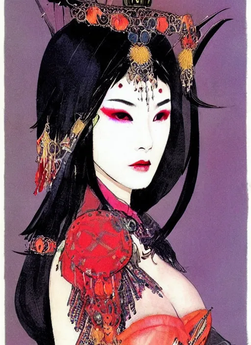 Image similar to svelt female korean vampiress, jeweled headdress, heavy mascara, strong line, saturated color, beautiful! coherent! by frank frazetta, high contrast, minimalism