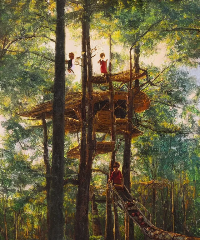 Image similar to masterful oil on canvas painting, eye - level view, shot from 5 0 feet distance, of a kid playing in a treehouse. in the background is a whimsical forest. golden hour, detailed, depth, volume, chiaroscuro, quiet intensity, vivid color palette.