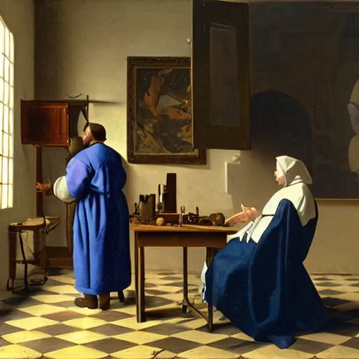 Prompt: A couple of scientists are in love in a laboratory, by Vermeer