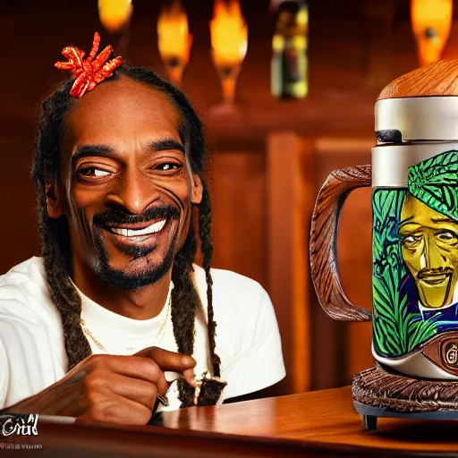 Image similar to a closeup photorealistic photograph of happy blunt smoking snoop dogg at trader vic's bar sitting next to a trader vic's style tiki mug featuring the face of snoop dogg. tiki culture. bright scene. 4 k hd image that's trending on artstation, featured on behance, well rendered, extra crisp, features epic composition and the style of unreal engine.