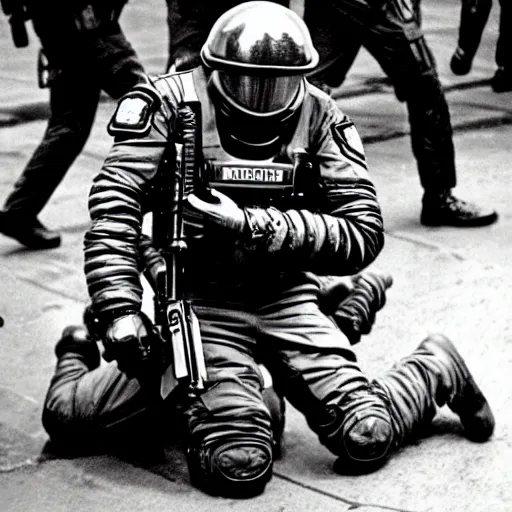 Prompt: a space alien, being arrested by spetsnaz