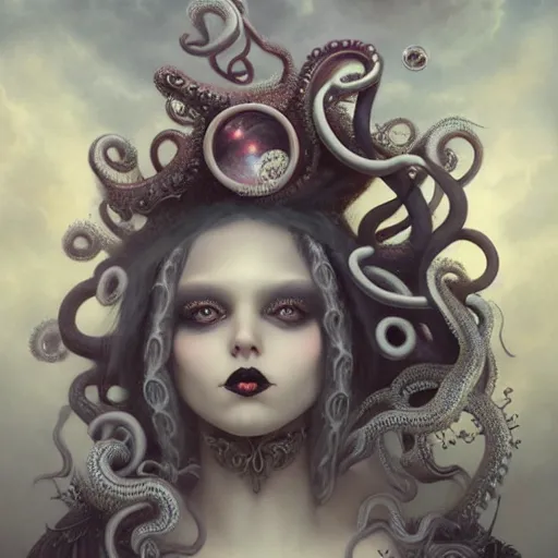 Image similar to By Tom Bagshaw, ultra realist soft painting of a curiosities carnival bubbles and tentacles by night, very beautiful female dollpunk in full gothic dress, symmetry accurate features, very intricate details, omnious sky, black and white, volumetric light clouds