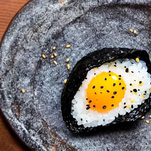 Image similar to toasted seaweed wrapped around sushi rice, filled with smoked salmon and free range eggs, 8 k resolution, food photography, studio lighting, sharp focus, hyper - detailed