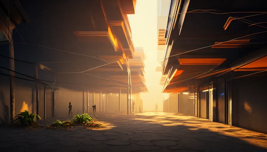 Image similar to Bright Thin Pillars Shoot out of cracks in the ground and illuminate it in a glow, Futuristic Favela, Hyperrealistic Rendering, Photorealism, Raytracing, Anamorphic Lens, Artstation