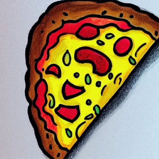 Image similar to cartoony drawing of a slice of pizza with cheese dripping off of it