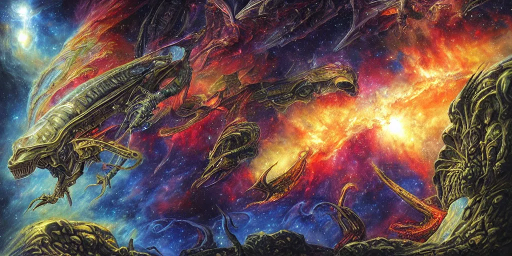 Image similar to alien dragons flying through outer space, epic nebula, asteroid belt, dan seagrave art