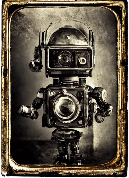 Image similar to old wetplate daguerreotype portrait of futuristic cute little robot, dubbel negative exposure, explosion of data fragments, fractal, intricate, elegant, highly detailed, parallax, leica, medium format, subsurface scattering, by jheronimus bosch and greg rutkowski and louis jacques mande daguerre