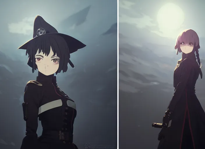 Prompt: side portrait of inquisitor maria, helm of second world war warship in background, fog landscape, illustration concept art anime key visual trending pixiv fanbox by wlop and greg rutkowski and makoto shinkai and studio ghibli and kyoto animation, grimdark, symmetrical facial features, astral witch clothes, dieselpunk, gapmoe yandere, backlit