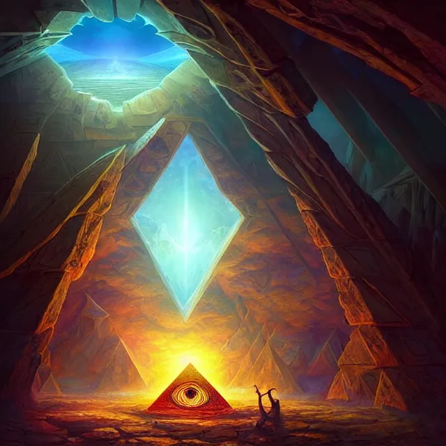 Image similar to the illuminati eye opening up from inside a pyramid, a fantasy magical landscape seen in the distance, atmospheric lighting, intricate, volumetric lighting, beautiful, sharp focus, ultra detailed, in the art style of marc simonetti, bowater charlie and brom gerald, astrophotography