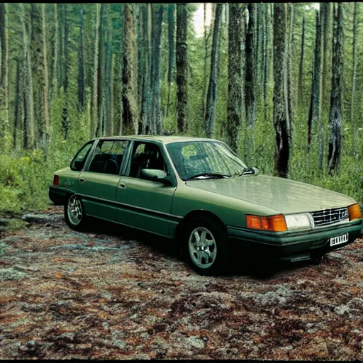 Image similar to vhs footage of a 1 9 9 5 volvo car in a boreal forest