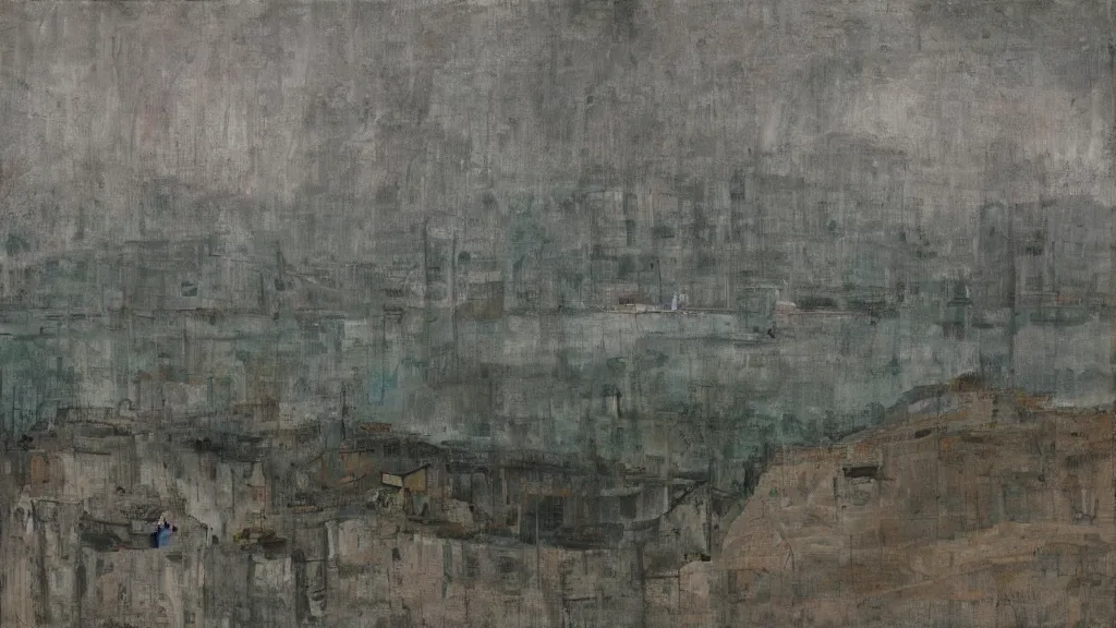 Image similar to a chinese prison near a river by peter doig, muted colors