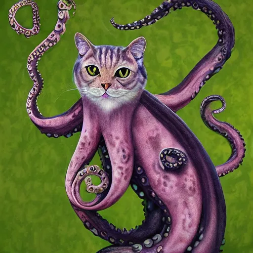 Image similar to hybrid cat and octopus, photograph, highly realistic