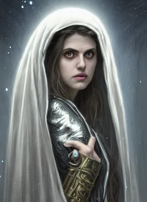 Image similar to Portrait of Alexandra Daddario, white glowing eyes, silver hair, cloak, ethereal wings, female, fantasy, extremely detailed, digital painting, artstation, concept art, smooth, sharp focus, illustration, stunning lighting, art by artgerm and greg rutkowski and alphonse mucha and simon stalenhag, realistic character concept, high fantasy, light atmosphere, golden ratio, cinematic lighting, hyperdetailed, high resolution, insanely detailed and intricate, artstation, Marc Simonetti, Greg Rutkowski, 8k