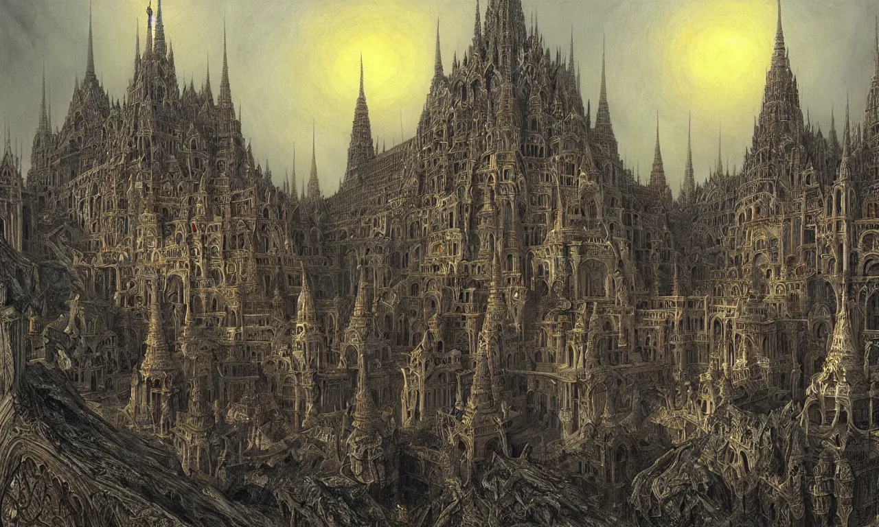 Image similar to A Spectacular View of the Grand Palace of a King of Hell, art by Gustav Dorê and Marc Simonetti and Alan Lee