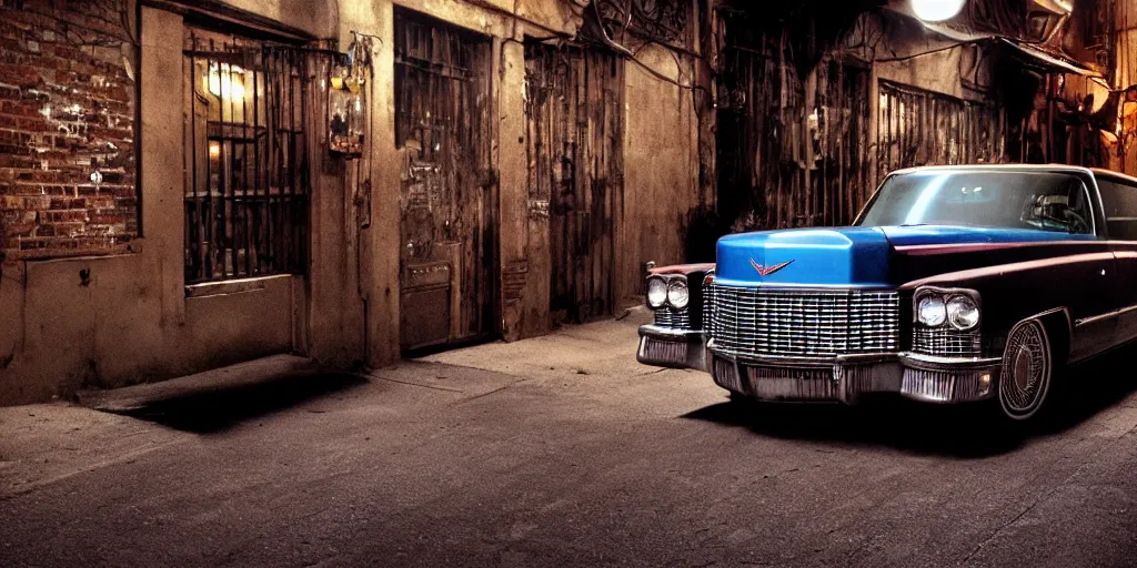 Prompt: a widescreen photo of a old dubbledecker cadillac in a dark alley, low light, by steve mccurry