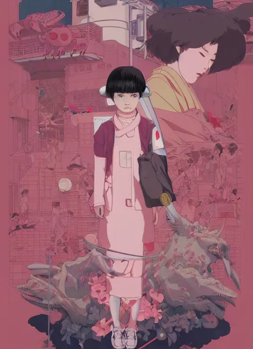 Image similar to Artwork by James Jean, Phil noto and hiyao Miyazaki; a young Japanese future samurai police girl named Yoshimi battles an enormous looming evil natured soft carnivorous pink robot on the streets of Tokyo; Japanese shops and neon signage; crowds of people running; Art work by studio ghibli, Phil noto and James Jean