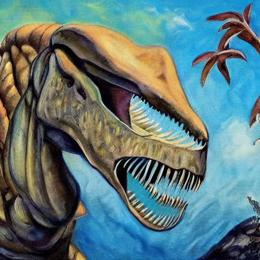 Prompt: a new just discovered dinosaur, interpretation, painting