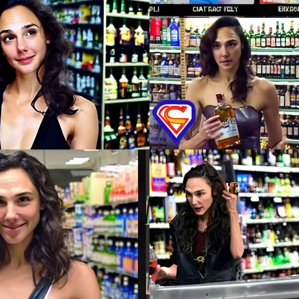 Prompt: CCTV footage of Gal Gadot robbing liquor store