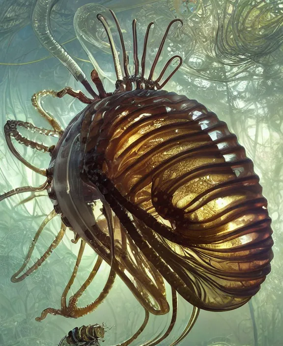 Image similar to intricate opulent transparent clear see - through portrait of a horrific beautiful male human isopod nautilus, mottled coloring, adorable, childlike, overgrown biopunk jungle environment, ultra realistic, concept art, art nouveau, photorealistic, octane render, 8 k, unreal engine. art by christopher marley and artgerm and greg rutkowski and alphonse mucha