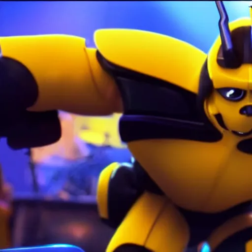 Prompt: bumblebee singing on stage with a keyboard in a pixar movie