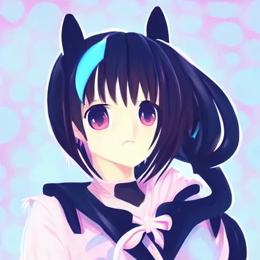 Image similar to digital anime art , a anime girl in a school outfit wearing a orca on her head, posing for the camera, blue eyes Rossdraws, WLOP