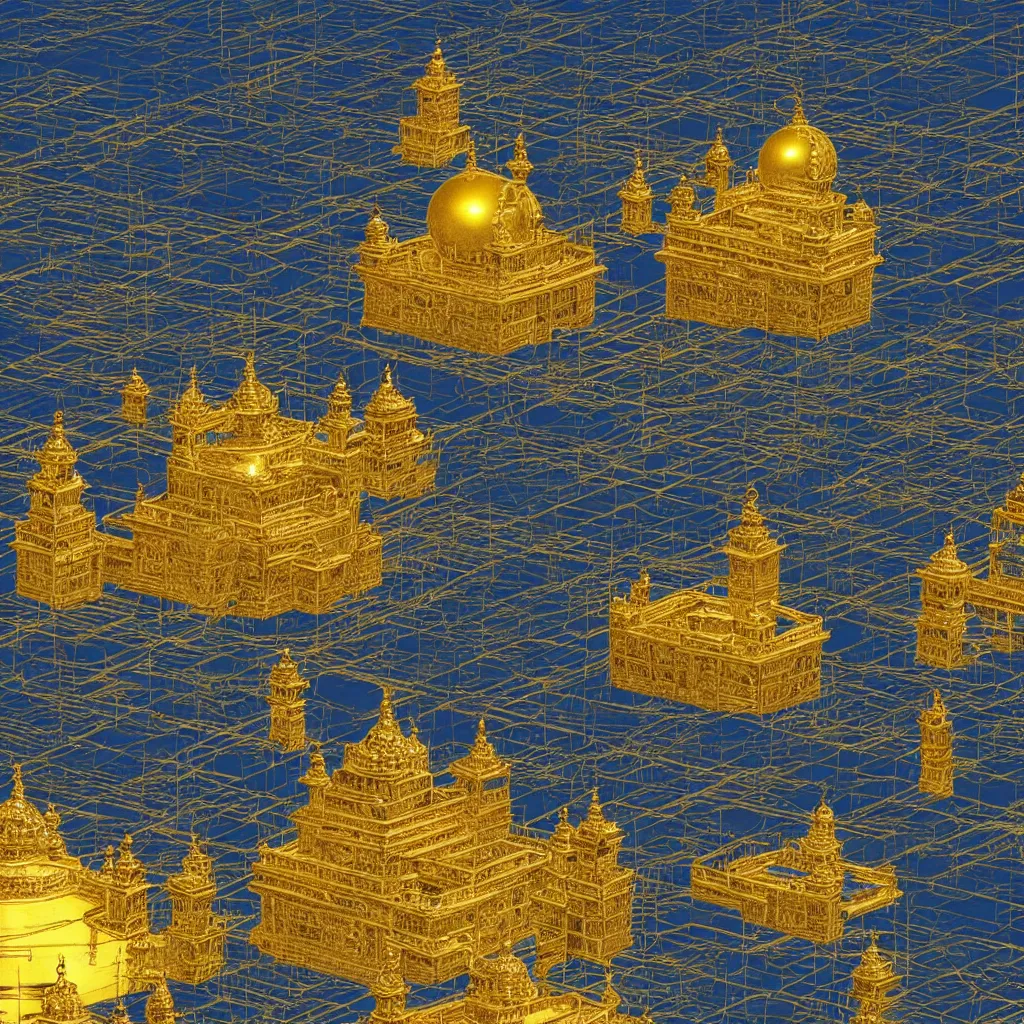 Prompt: “out of sight out of mind golden, spherical golden temple with a vertical light floating above a blue grassy field with two humans standing, highly detailed in 4K”