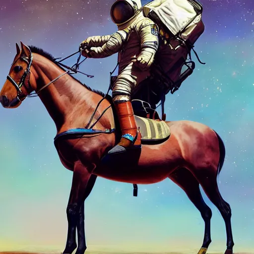 Image similar to a horse on top a man, a astronaut carrying a horse hyperrealism, no blur, 4 k resolution, ultra detailed, style of ron cobb, adolf hiremy - hirschl, syd mead, ismail inceoglu, rene margitte