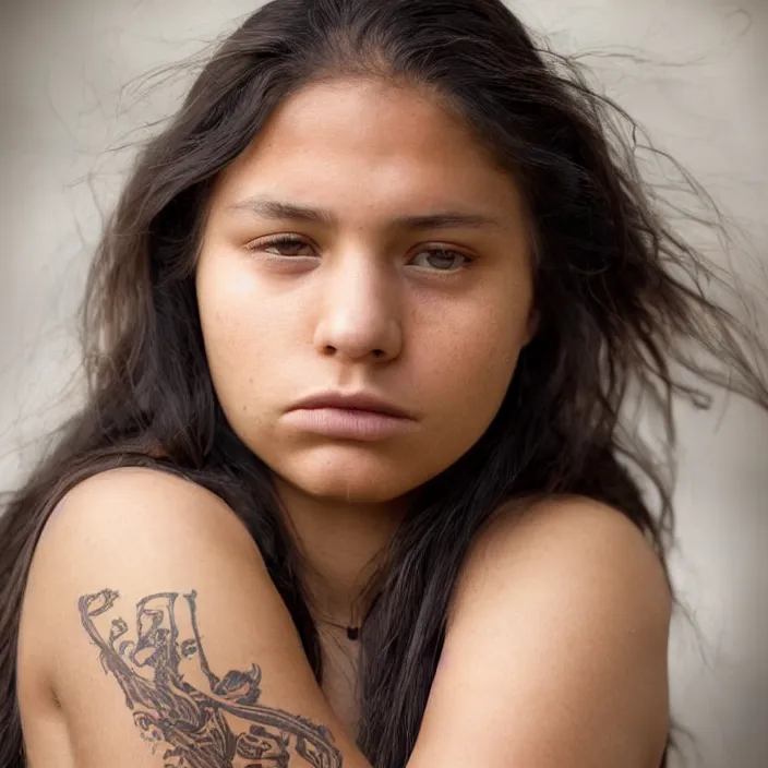 Image similar to portrait photograph of an extremely beautiful!!!! young native American female, Moody look on her face, natural light, wearing a t-shirt and jeans!! Brown hair. Brown eyes. Sitting in a chair in a bright room. looking at the camera!!. super resolution. Extremely detailed. Graflex camera!, bokeh!!!!! trending on artstation.