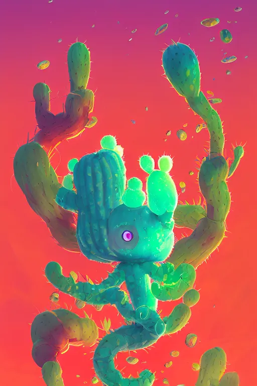 Image similar to roots cactus sushi cristal smurf ghost creature animal sushi cristal very big eye roots cactus elemental flush of force nature micro world fluo fishscale, behance hd by jesper ejsing, by rhads, makoto shinkai and lois van baarle, ilya kuvshinov, rossdraws radiating a glowing aura global illumination ray tracing hdr